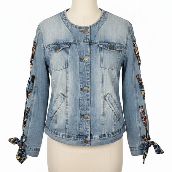 Easel Boho Denim Jean Trucker Jacket Paisley Scarf Tie Sleeve Boutique Y2K Large - Picture 1 of 11